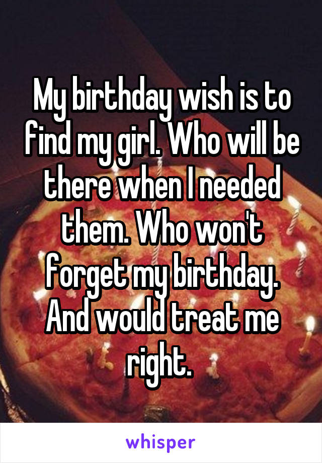My birthday wish is to find my girl. Who will be there when I needed them. Who won't forget my birthday. And would treat me right. 