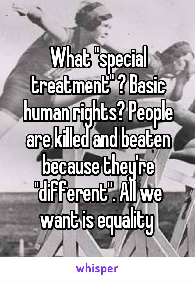 What "special treatment" ? Basic human rights? People are killed and beaten because they're "different". All we want is equality 