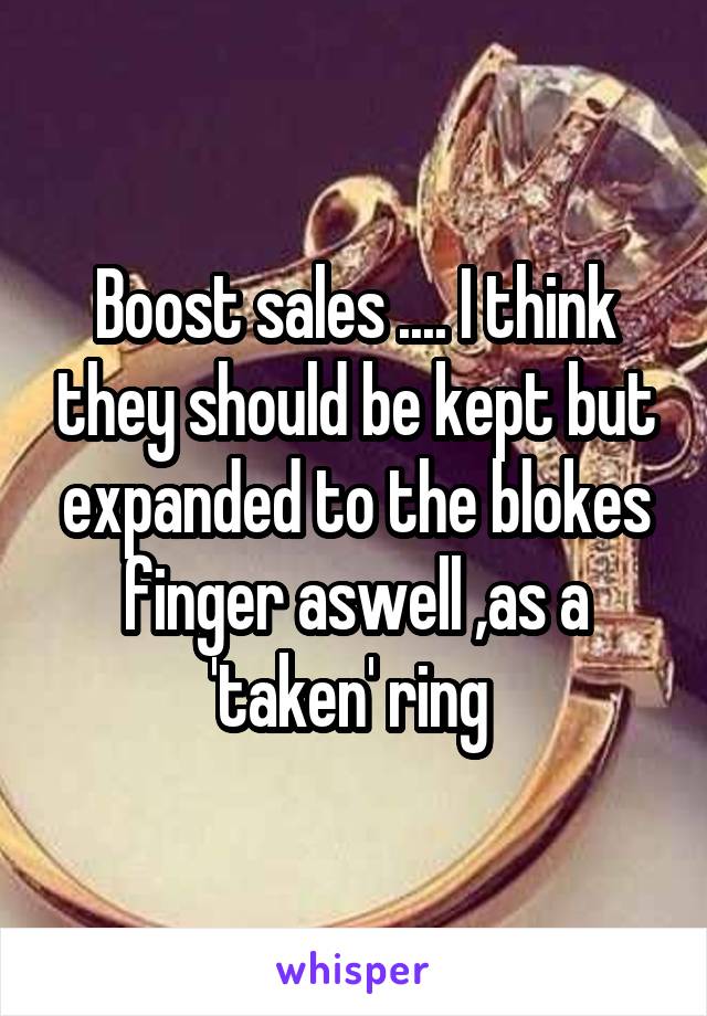 Boost sales .... I think they should be kept but expanded to the blokes finger aswell ,as a 'taken' ring 
