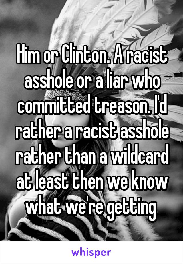 Him or Clinton. A racist asshole or a liar who committed treason. I'd rather a racist asshole rather than a wildcard at least then we know what we're getting 