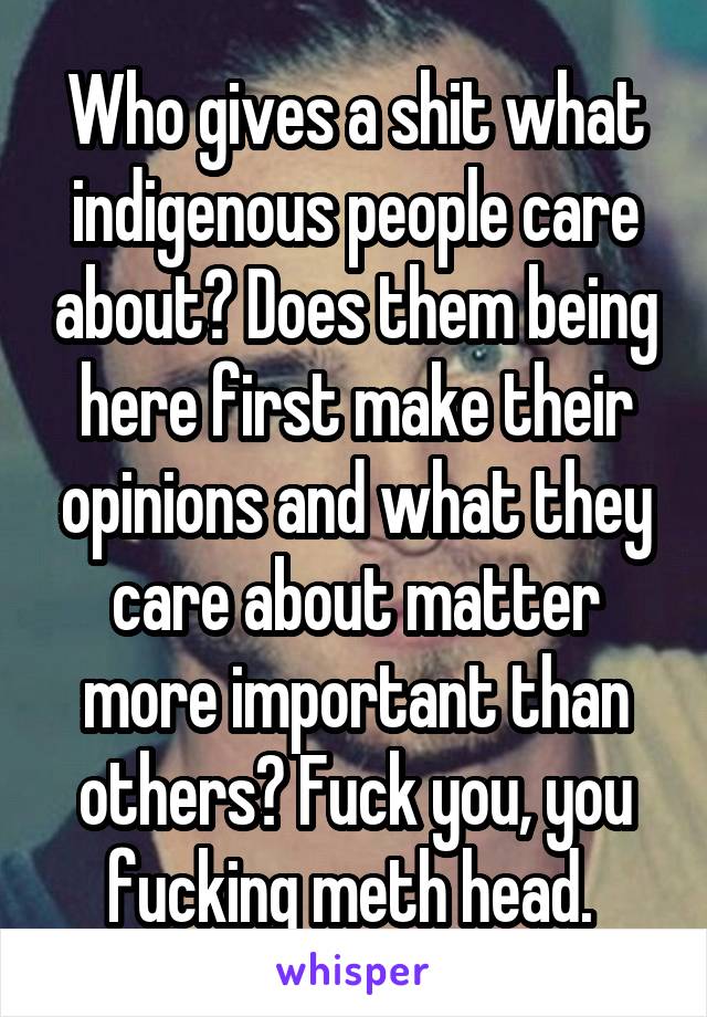 Who gives a shit what indigenous people care about? Does them being here first make their opinions and what they care about matter more important than others? Fuck you, you fucking meth head. 