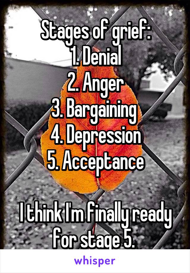 Stages of grief:
1. Denial
2. Anger
3. Bargaining 
4. Depression
5. Acceptance

I think I'm finally ready for stage 5. 