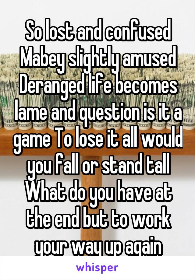 So lost and confused Mabey slightly amused Deranged life becomes lame and question is it a game To lose it all would you fall or stand tall What do you have at the end but to work your way up again