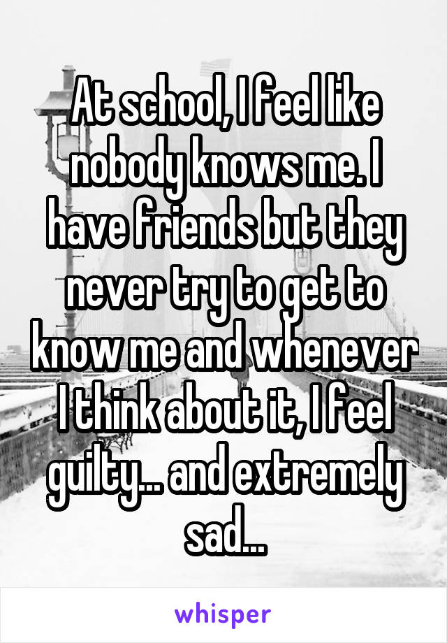 At school, I feel like nobody knows me. I have friends but they never try to get to know me and whenever I think about it, I feel guilty... and extremely sad...