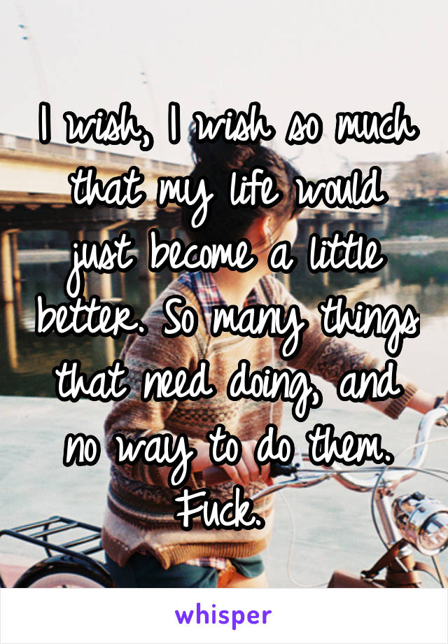 I wish, I wish so much that my life would just become a little better. So many things that need doing, and no way to do them. Fuck. 