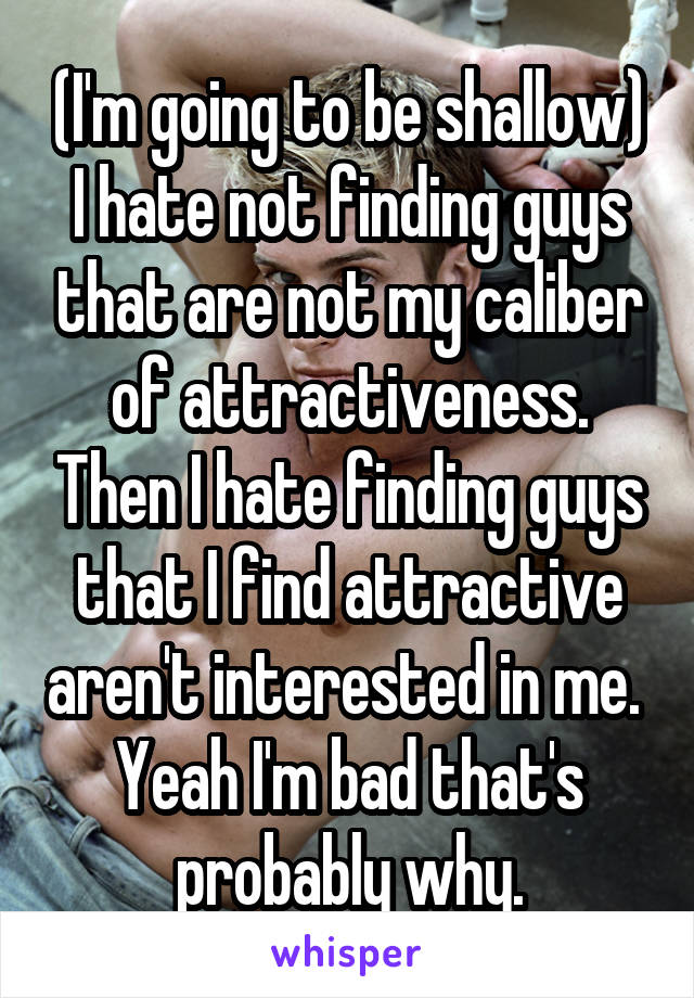 (I'm going to be shallow)
I hate not finding guys that are not my caliber of attractiveness. Then I hate finding guys that I find attractive aren't interested in me. 
Yeah I'm bad that's probably why.