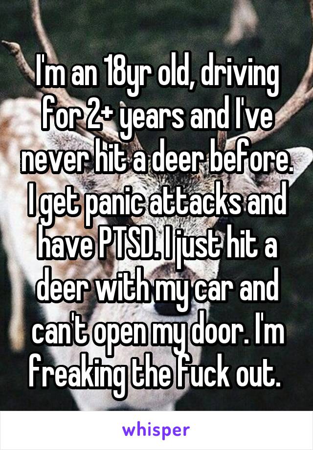 I'm an 18yr old, driving for 2+ years and I've never hit a deer before. I get panic attacks and have PTSD. I just hit a deer with my car and can't open my door. I'm freaking the fuck out. 