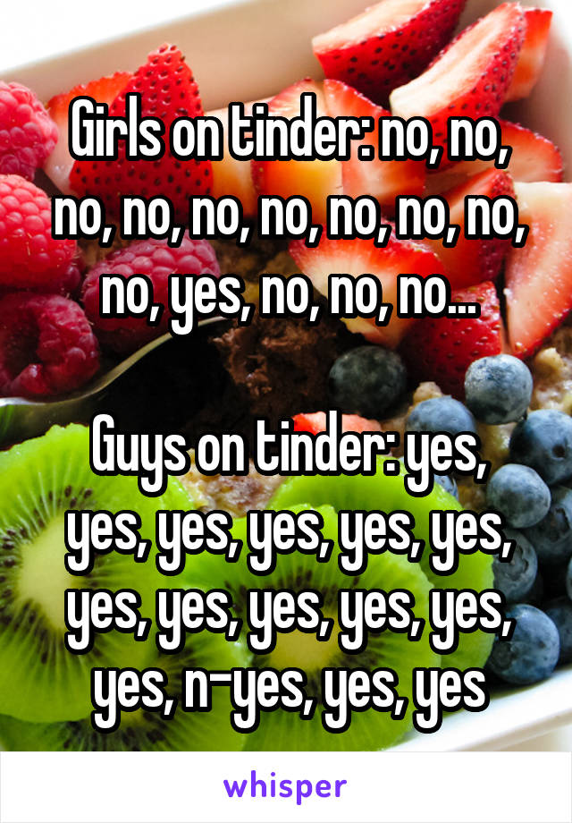 Girls on tinder: no, no, no, no, no, no, no, no, no, no, yes, no, no, no...

Guys on tinder: yes, yes, yes, yes, yes, yes, yes, yes, yes, yes, yes, yes, n-yes, yes, yes