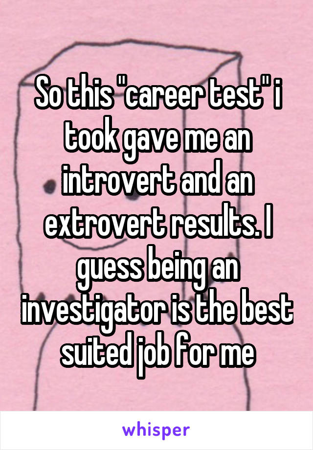 So this "career test" i took gave me an introvert and an extrovert results. I guess being an investigator is the best suited job for me