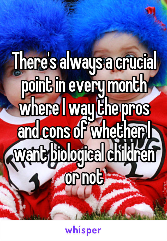 There's always a crucial point in every month where I way the pros and cons of whether I want biological children or not