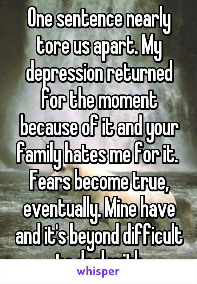 One sentence nearly tore us apart. My depression returned for the moment because of it and your family hates me for it. 
Fears become true, eventually. Mine have and it's beyond difficult to deal with