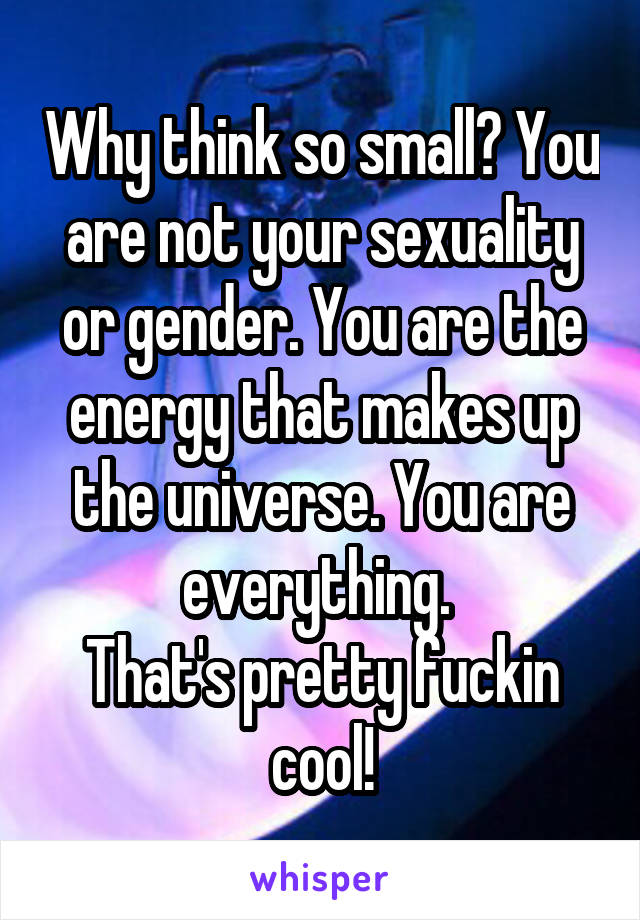 Why think so small? You are not your sexuality or gender. You are the energy that makes up the universe. You are everything. 
That's pretty fuckin cool!