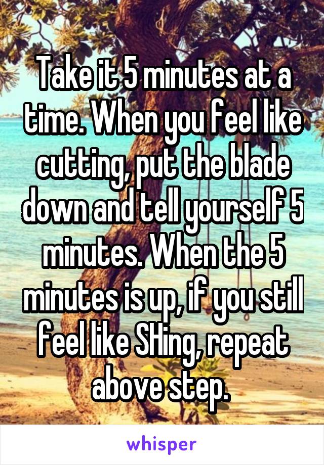 Take it 5 minutes at a time. When you feel like cutting, put the blade down and tell yourself 5 minutes. When the 5 minutes is up, if you still feel like SHing, repeat above step. 