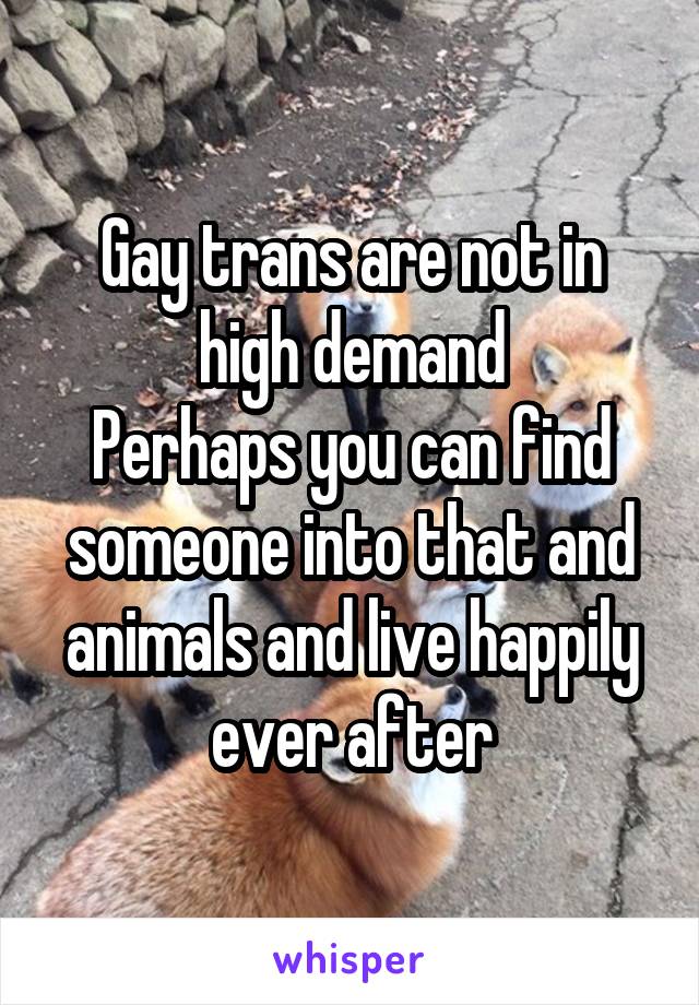 Gay trans are not in high demand
Perhaps you can find someone into that and animals and live happily ever after