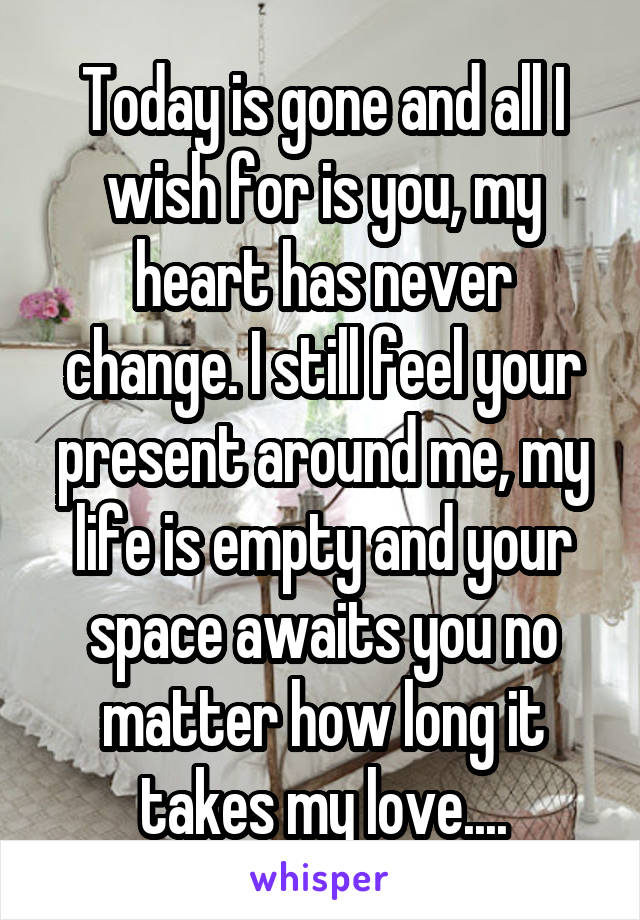 Today is gone and all I wish for is you, my heart has never change. I still feel your present around me, my life is empty and your space awaits you no matter how long it takes my love....