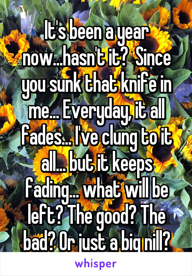 It's been a year now...hasn't it?  Since you sunk that knife in me... Everyday, it all fades... I've clung to it all... but it keeps fading... what will be left? The good? The bad? Or just a big nill?