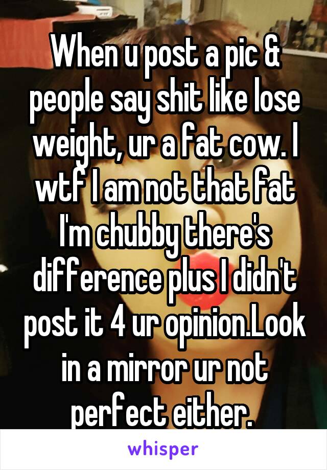 When u post a pic & people say shit like lose weight, ur a fat cow. l wtf I am not that fat I'm chubby there's difference plus I didn't post it 4 ur opinion.Look in a mirror ur not perfect either. 