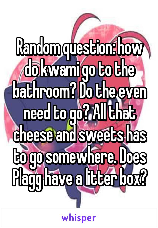 Random question: how do kwami go to the bathroom? Do the even need to go? All that cheese and sweets has to go somewhere. Does Plagg have a litter box?