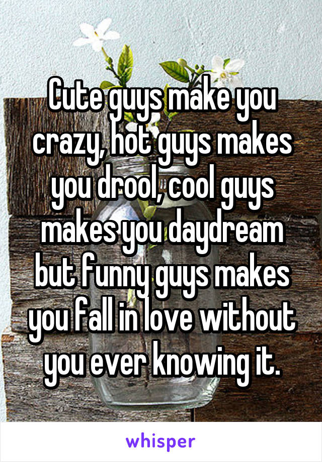 Cute guys make you crazy, hot guys makes you drool, cool guys makes you daydream but funny guys makes you fall in love without you ever knowing it.