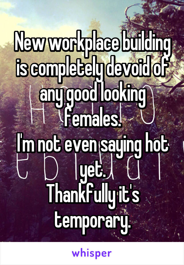 New workplace building is completely devoid of any good looking females.
I'm not even saying hot yet.
Thankfully it's temporary.