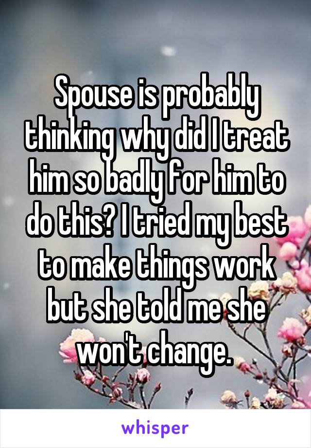 Spouse is probably thinking why did I treat him so badly for him to do this? I tried my best to make things work but she told me she won't change. 