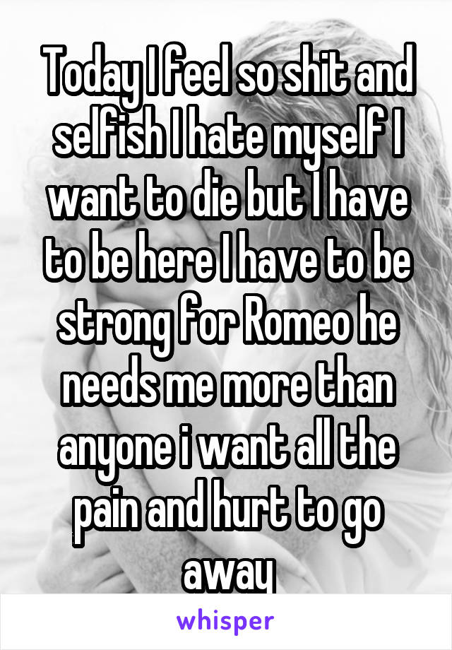 Today I feel so shit and selfish I hate myself I want to die but I have to be here I have to be strong for Romeo he needs me more than anyone i want all the pain and hurt to go away