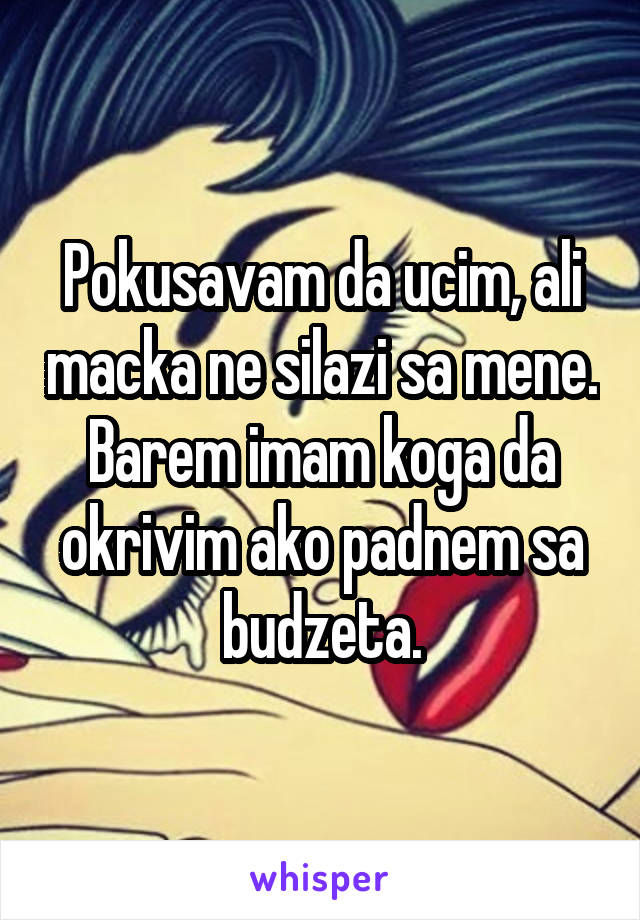 Pokusavam da ucim, ali macka ne silazi sa mene. Barem imam koga da okrivim ako padnem sa budzeta.