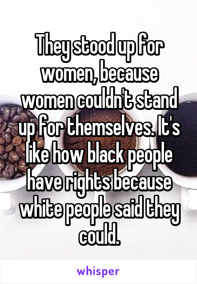 They stood up for women, because women couldn't stand up for themselves. It's like how black people have rights because white people said they could.