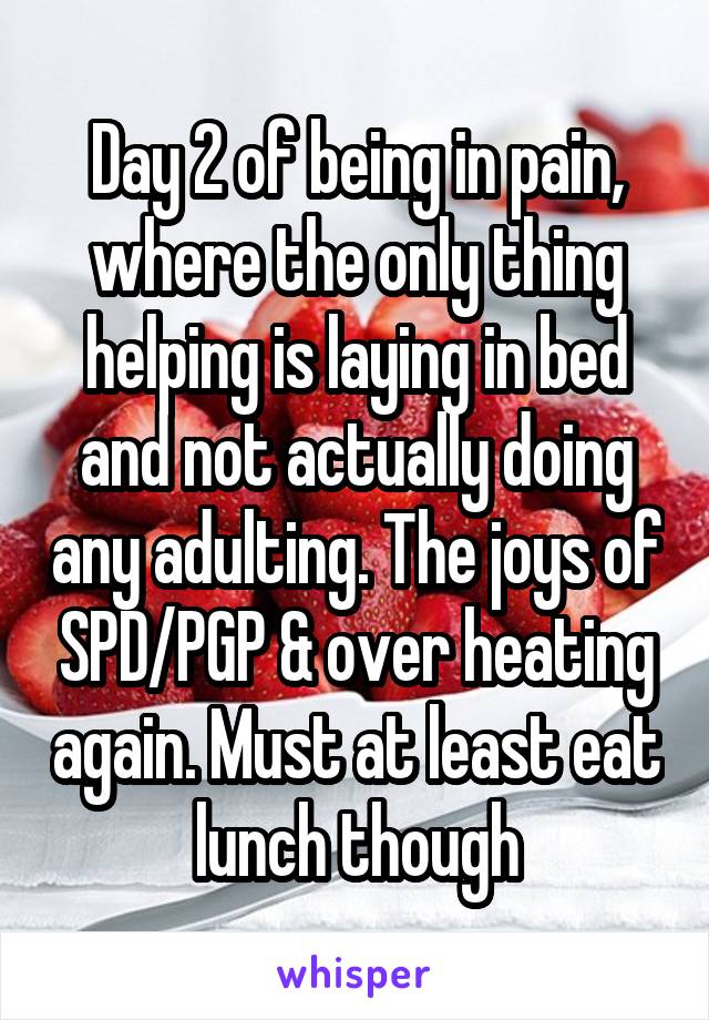 Day 2 of being in pain, where the only thing helping is laying in bed and not actually doing any adulting. The joys of SPD/PGP & over heating again. Must at least eat lunch though