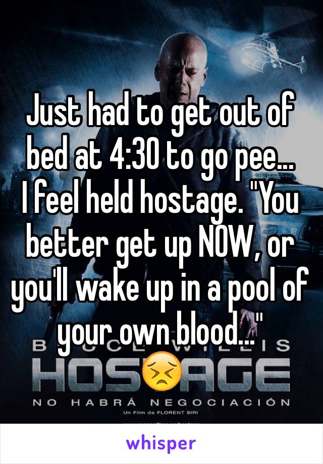 Just had to get out of bed at 4:30 to go pee...
I feel held hostage. "You better get up NOW, or you'll wake up in a pool of your own blood..."
😣