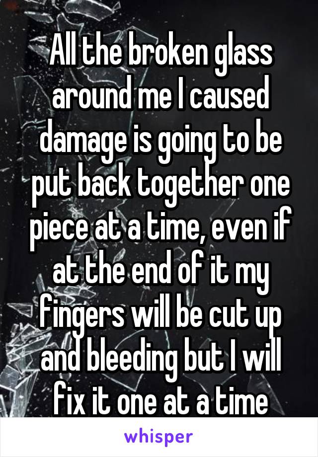 All the broken glass around me I caused damage is going to be put back together one piece at a time, even if at the end of it my fingers will be cut up and bleeding but I will fix it one at a time