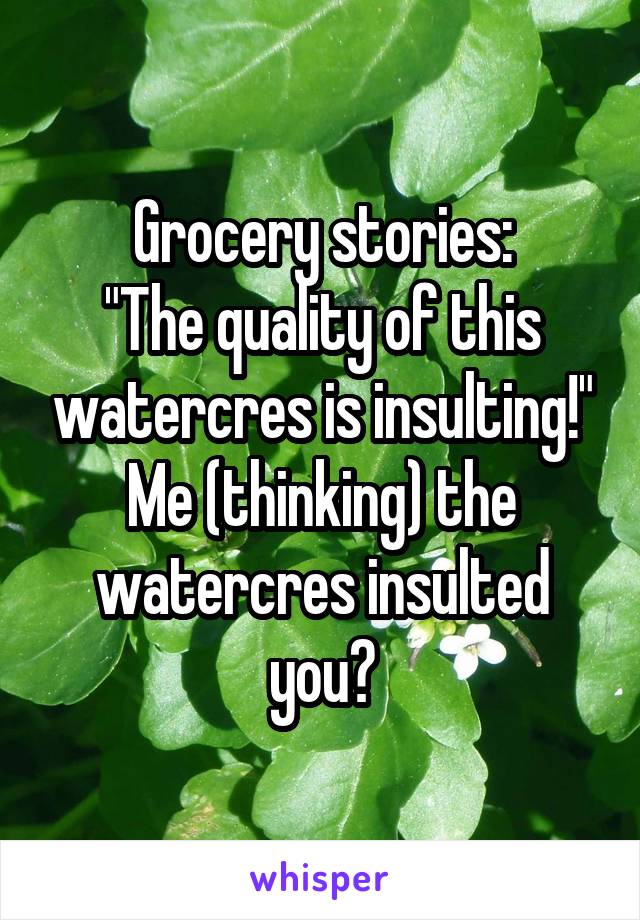 Grocery stories:
"The quality of this watercres is insulting!"
Me (thinking) the watercres insulted you?