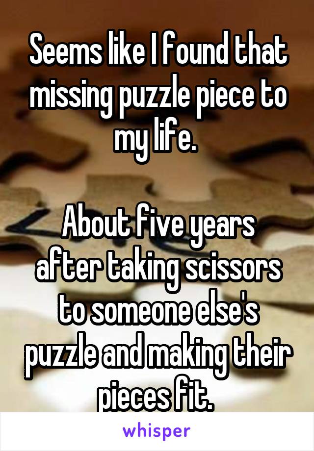 Seems like I found that missing puzzle piece to my life. 

About five years after taking scissors to someone else's puzzle and making their pieces fit. 