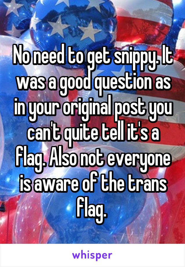 No need to get snippy. It was a good question as in your original post you can't quite tell it's a flag. Also not everyone is aware of the trans flag. 