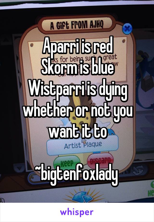 Aparri is red
Skorm is blue
Wistparri is dying whether or not you want it to

~bigtenfoxlady 