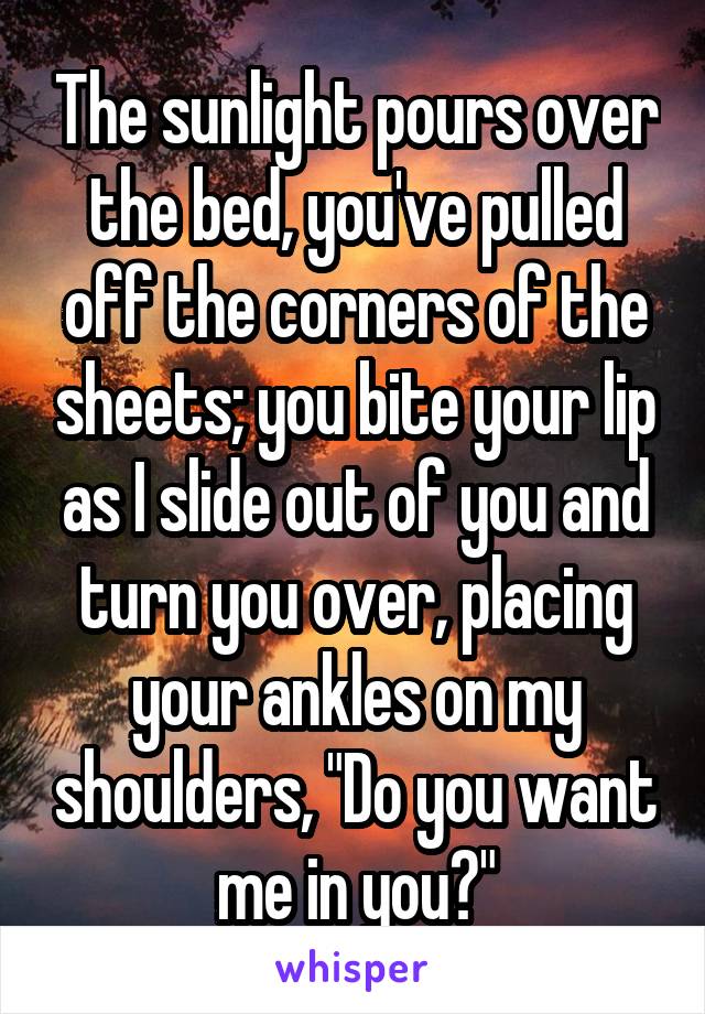 The sunlight pours over the bed, you've pulled off the corners of the sheets; you bite your lip as I slide out of you and turn you over, placing your ankles on my shoulders, "Do you want me in you?"