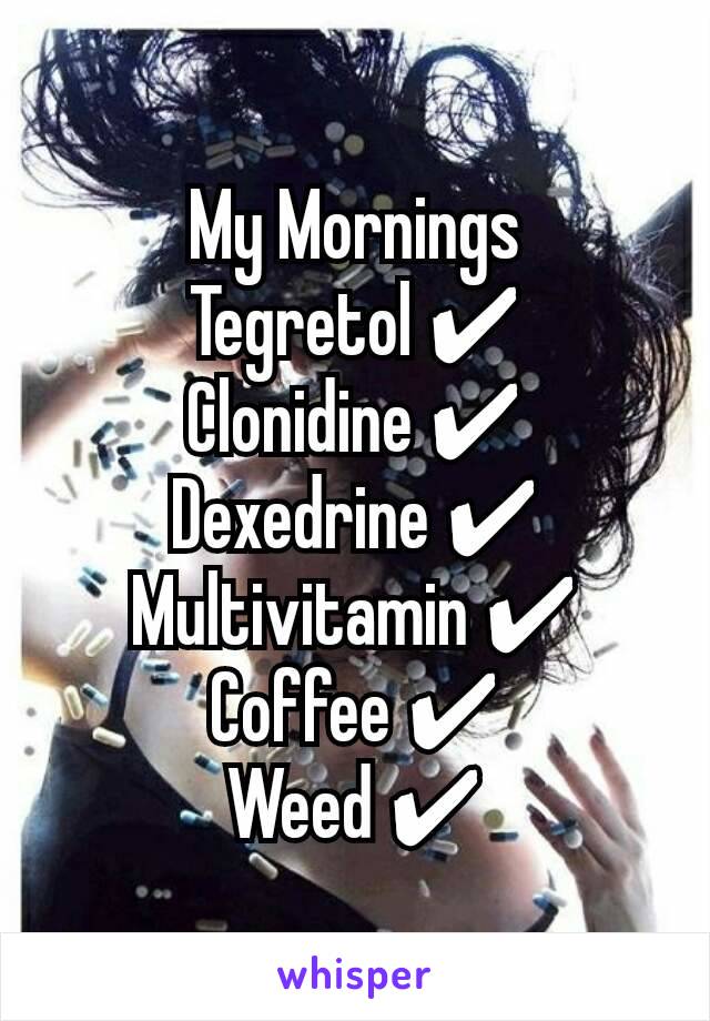 My Mornings
Tegretol ✔
Clonidine ✔
Dexedrine ✔
Multivitamin ✔
Coffee ✔
Weed ✔