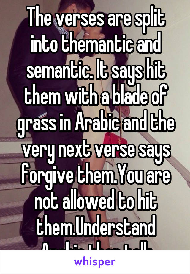 The verses are split into themantic and semantic. It says hit them with a blade of grass in Arabic and the very next verse says forgive them.You are not allowed to hit them.Understand Arabic then talk