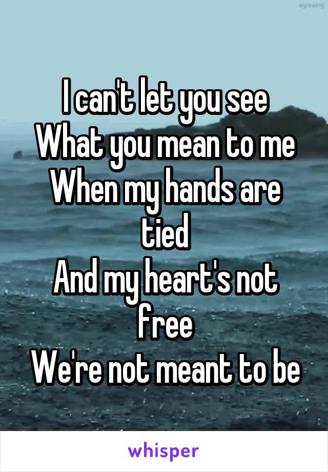 I can't let you see
What you mean to me
When my hands are tied
And my heart's not free
We're not meant to be