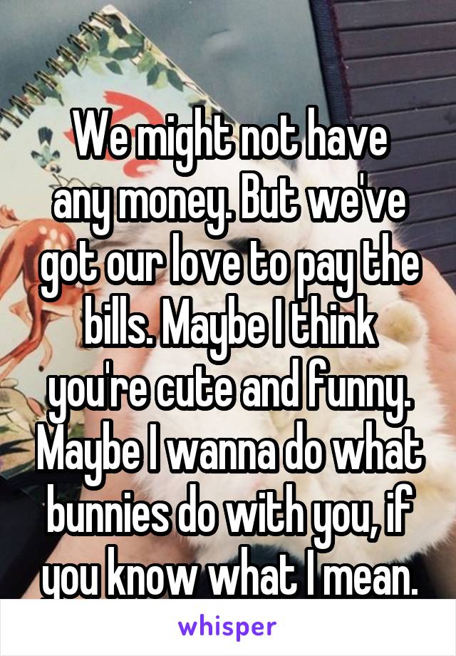 
We might not have any money. But we've got our love to pay the bills. Maybe I think you're cute and funny. Maybe I wanna do what bunnies do with you, if you know what I mean.