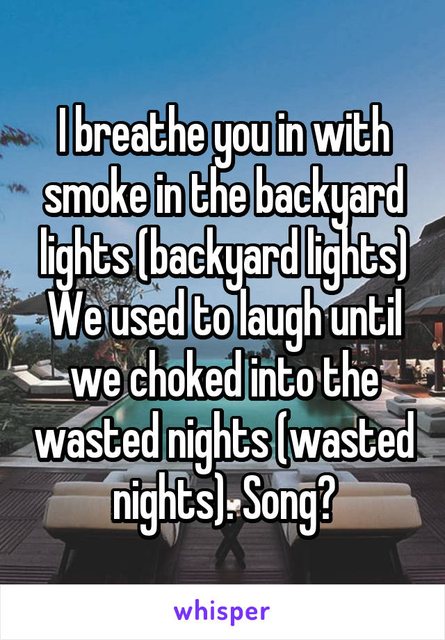 I breathe you in with smoke in the backyard lights (backyard lights)
We used to laugh until we choked into the wasted nights (wasted nights). Song?