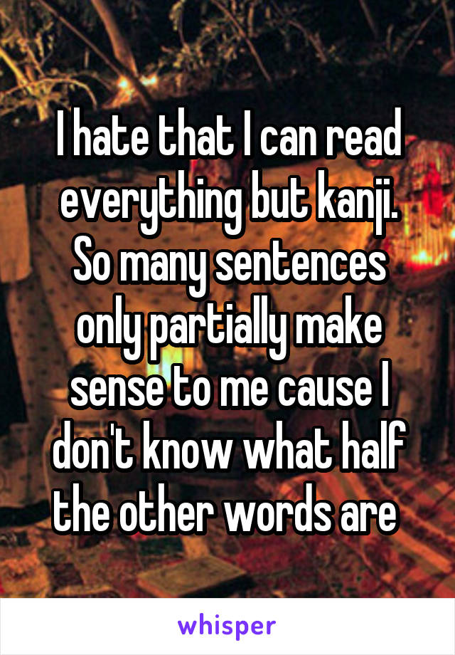 I hate that I can read everything but kanji.
So many sentences only partially make sense to me cause I don't know what half the other words are 