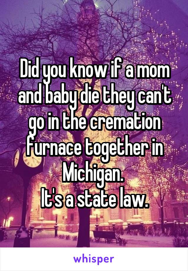 Did you know if a mom and baby die they can't go in the cremation furnace together in Michigan. 
It's a state law.