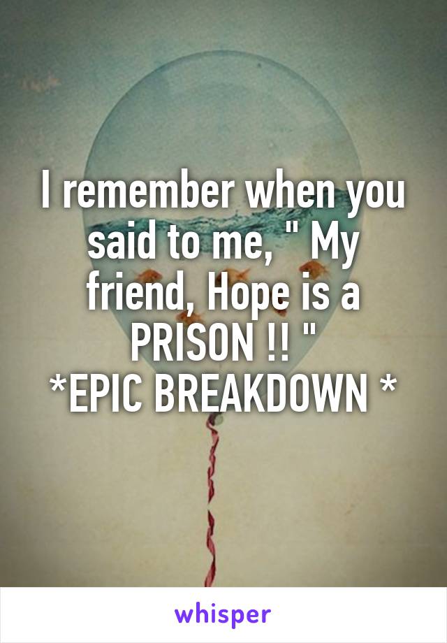 I remember when you said to me, " My friend, Hope is a PRISON !! "
*EPIC BREAKDOWN *
