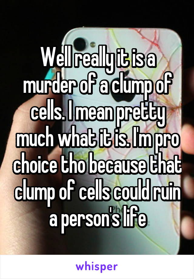 Well really it is a murder of a clump of cells. I mean pretty much what it is. I'm pro choice tho because that clump of cells could ruin a person's life