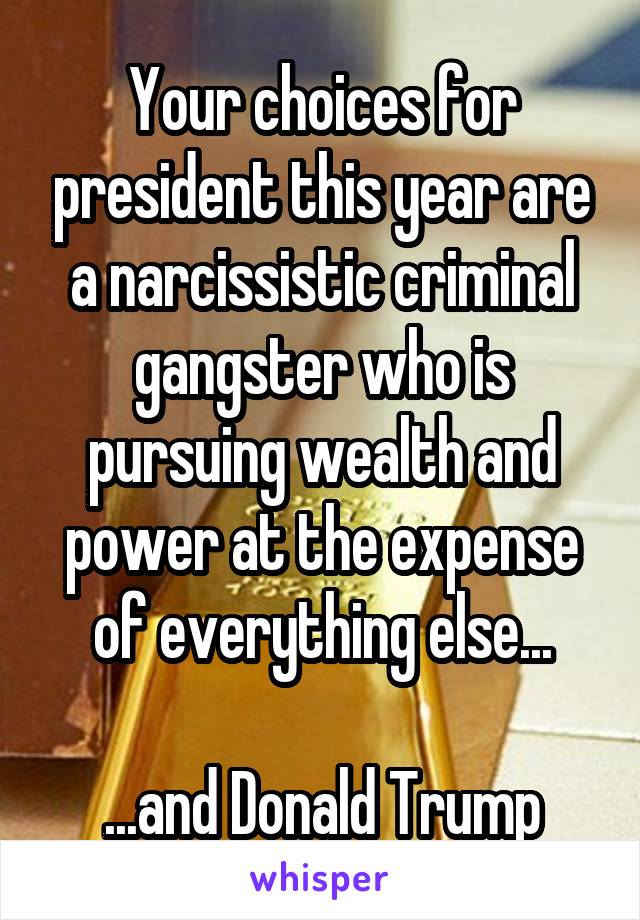 Your choices for president this year are a narcissistic criminal gangster who is pursuing wealth and power at the expense of everything else...

...and Donald Trump