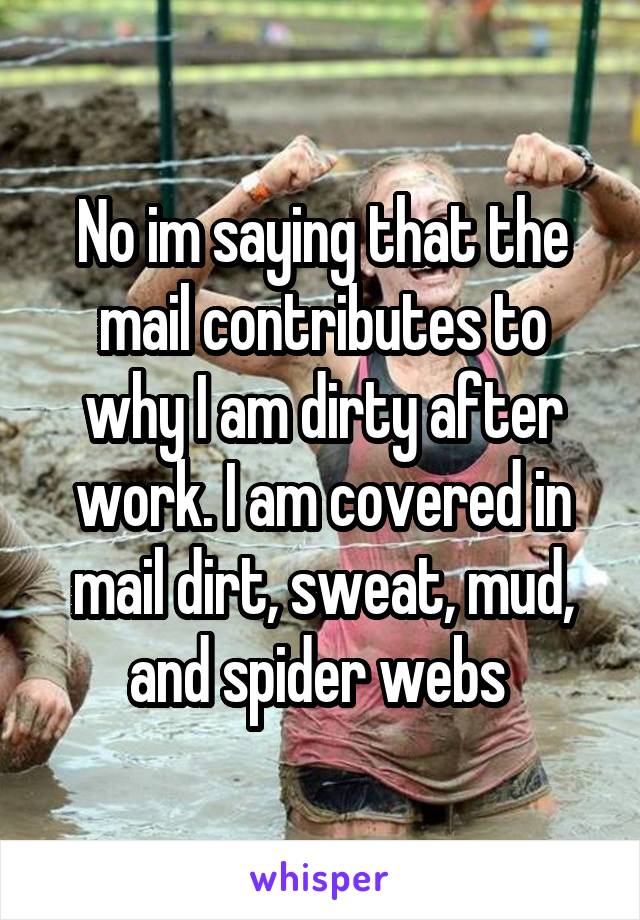 No im saying that the mail contributes to why I am dirty after work. I am covered in mail dirt, sweat, mud, and spider webs 