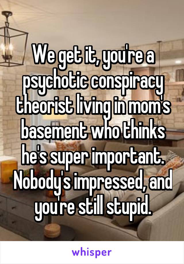 We get it, you're a psychotic conspiracy theorist living in mom's basement who thinks he's super important. Nobody's impressed, and you're still stupid.