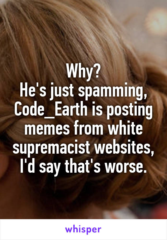 Why?
He's just spamming, Code_Earth is posting memes from white supremacist websites, I'd say that's worse.