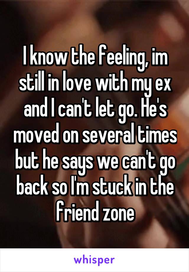 I know the feeling, im still in love with my ex and I can't let go. He's moved on several times but he says we can't go back so I'm stuck in the friend zone